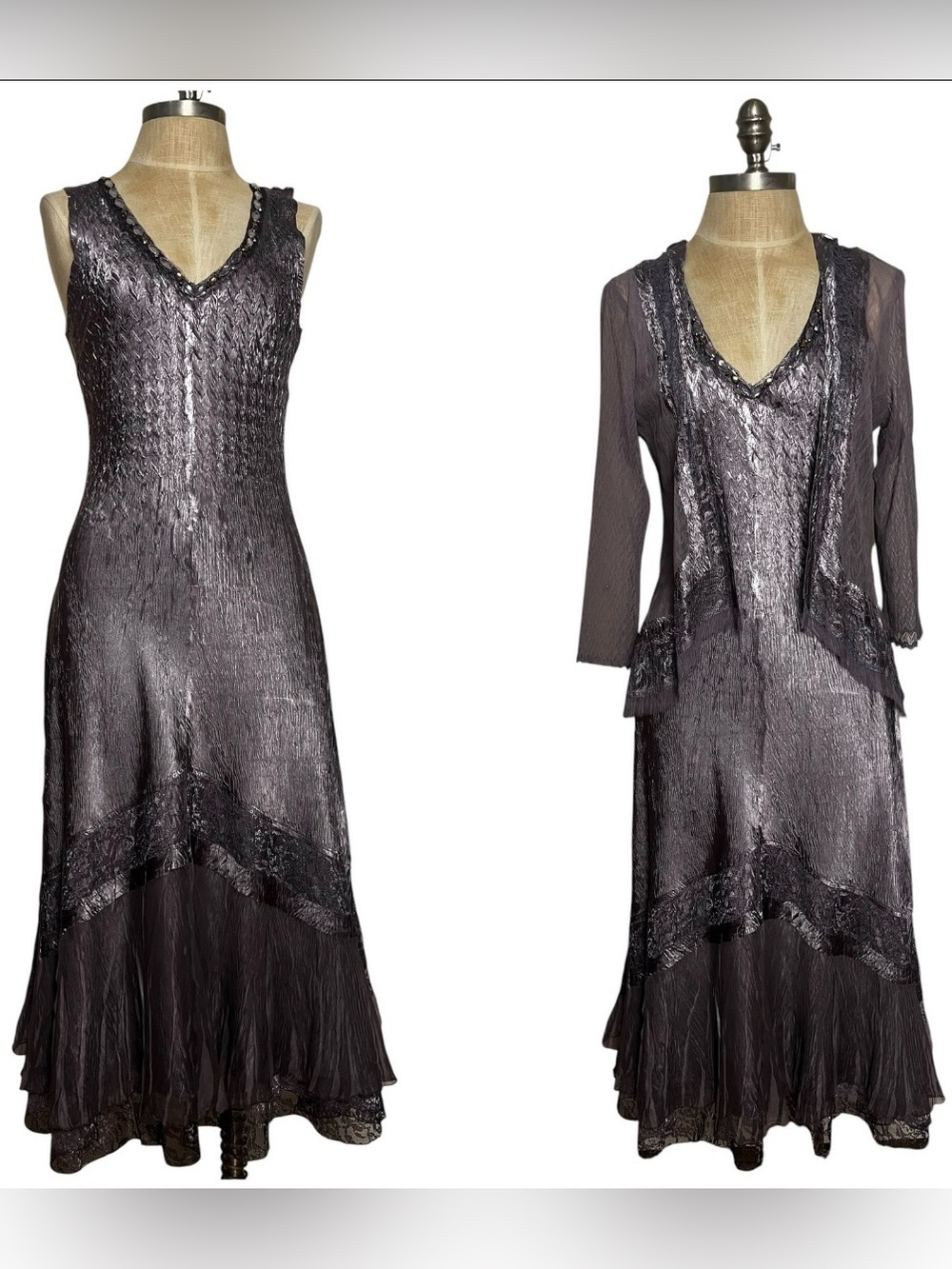 Komarov Paris Crinkle Slip Dress Jacket Set M Lace Metallic Plum Whimsigoth